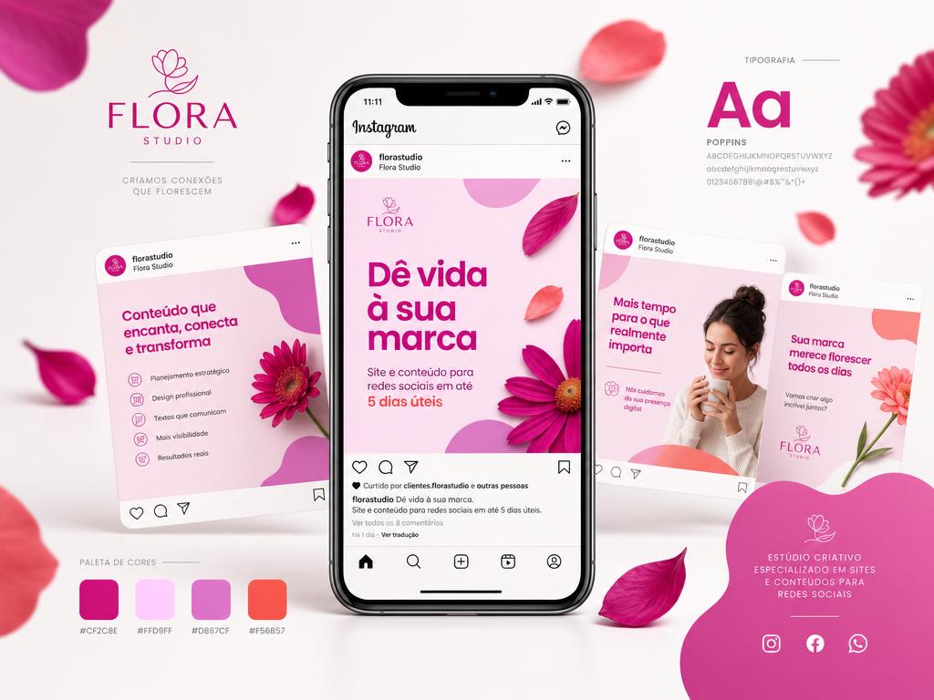Post real do Flora Studio para Instagram: Dê vida à sua marca, com estética rosa, floral e orgânica